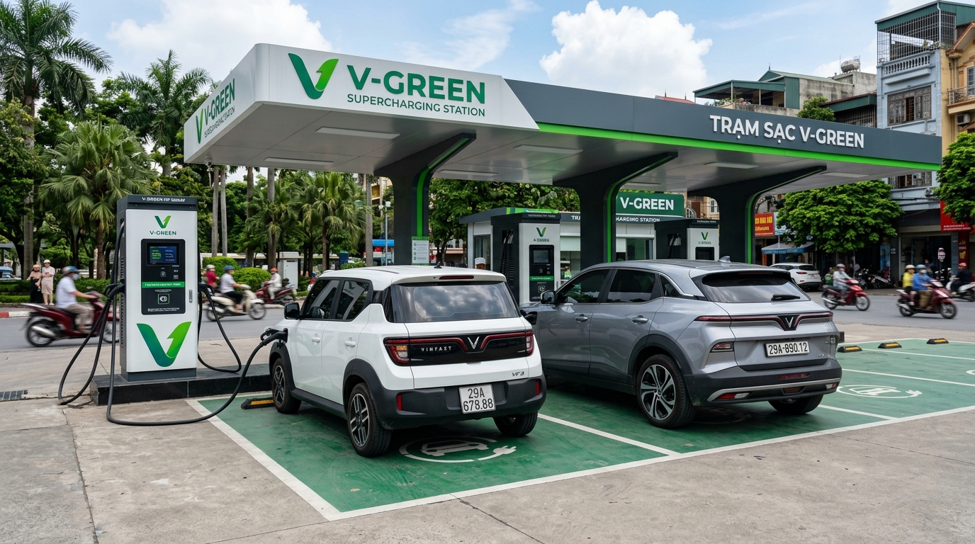 Trụ sạc nhanh V-GREEN DC nạp 10% lên 70% pin VF 5 Plus chỉ trong 30 phút